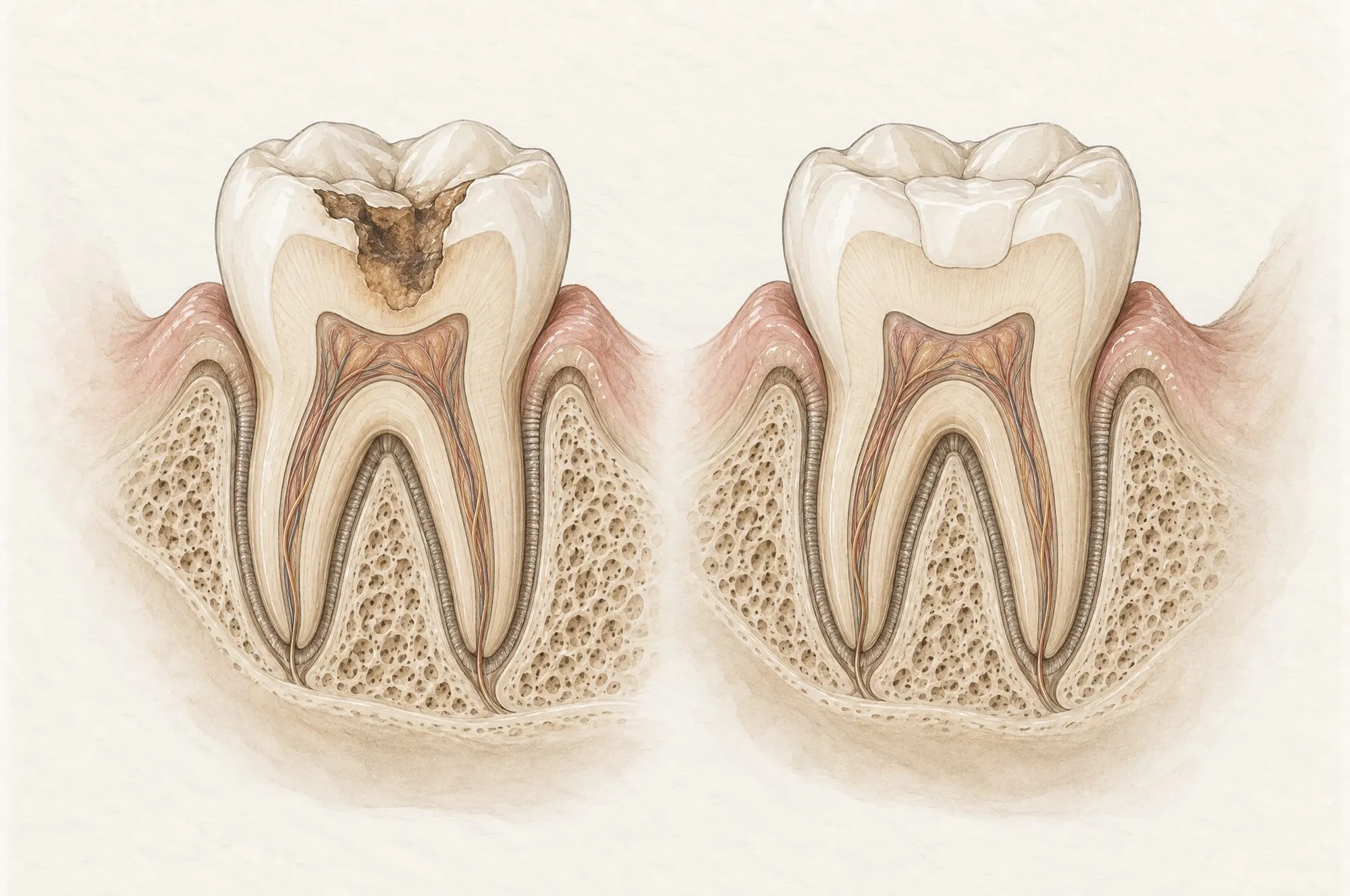 Illustration af to kindtænder i tværsnit: til venstre en tand med et mørkt hul af caries, til højre samme tand efter behandling med en tandfarvet fyldning