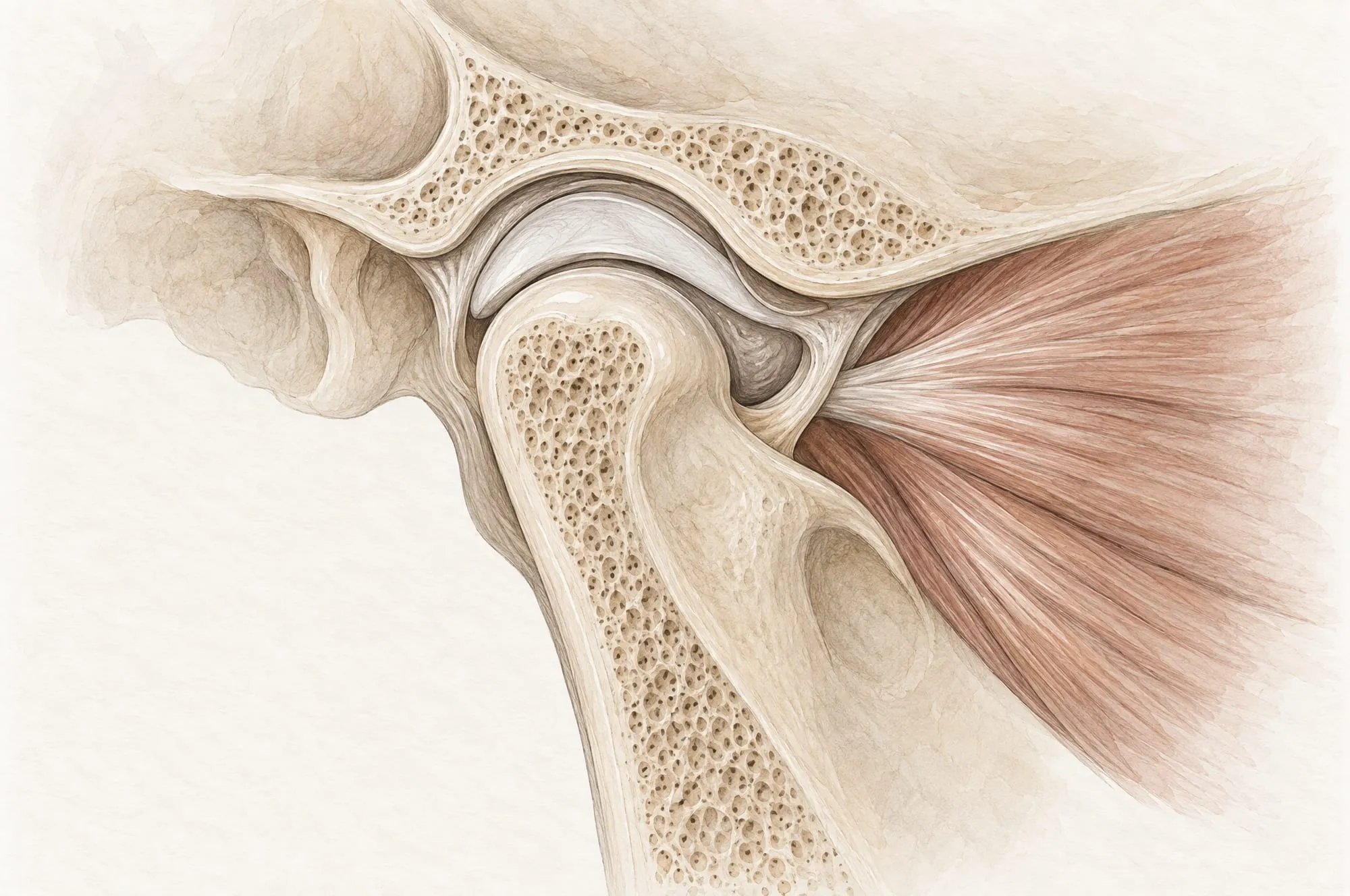 Anatomisk illustration af kæbeleddet set fra siden: underkæbens ledhoved i ledskålen med den tynde ledskive imellem og tyggemusklen ved siden af