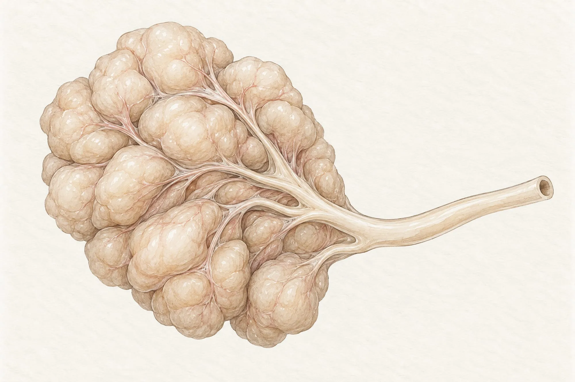 Anatomisk illustration af en spytkirtel: små bløde lapper samlet som en klase, hvor fine kanaler løber sammen i én udførselsgang