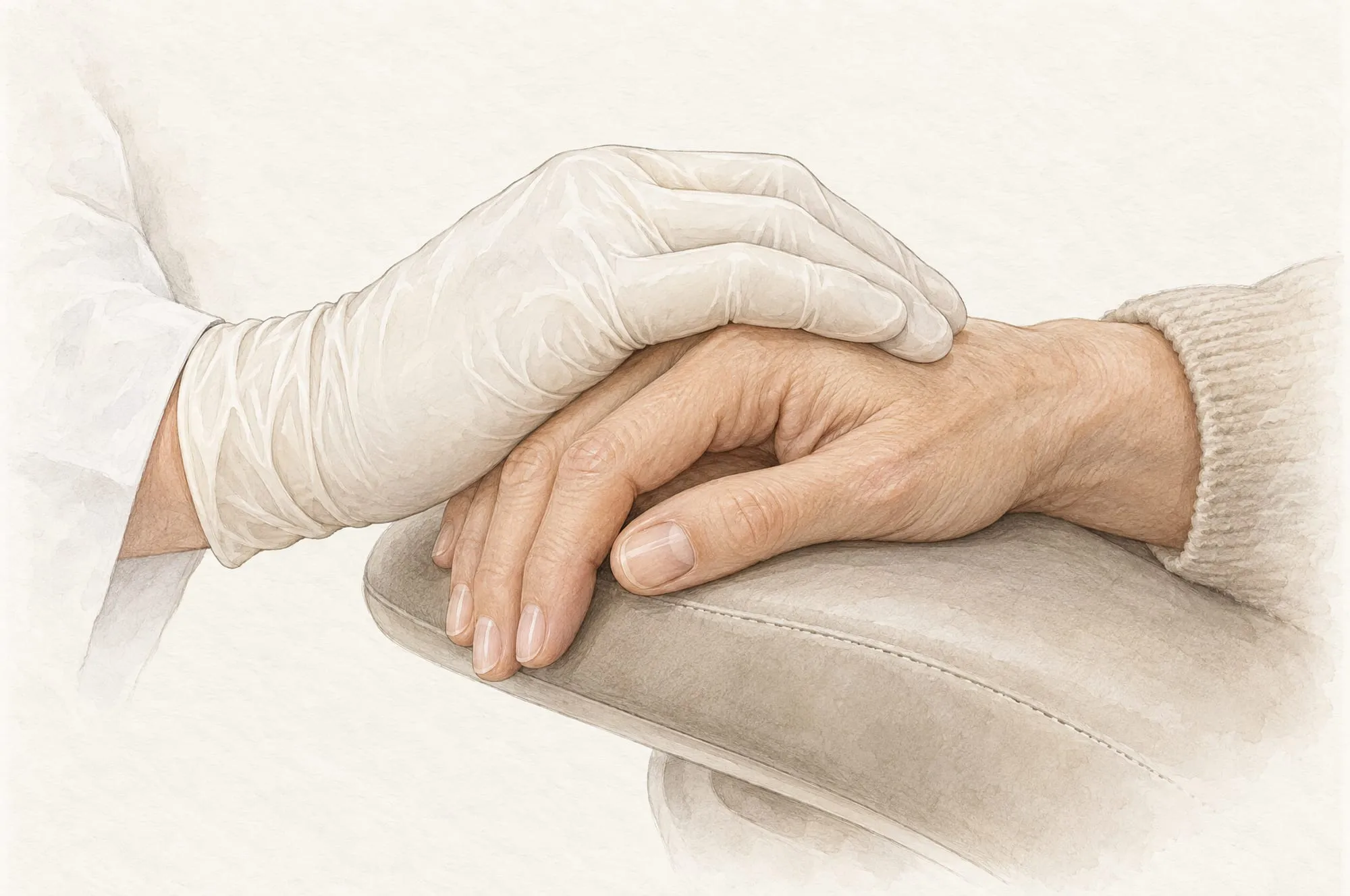 Illustration af en behandlers hånd i handske, der hviler beroligende på en patients hånd på behandlingsstolens armlæn