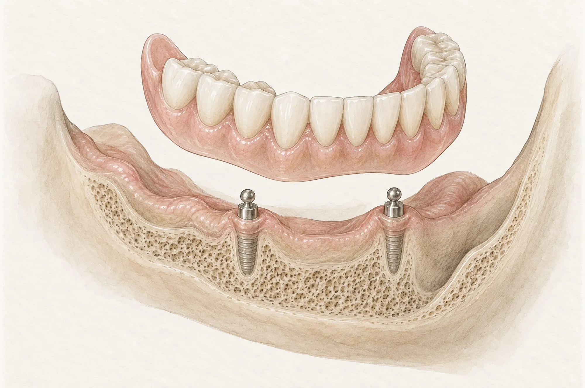 Illustration af en tandløs underkæbe i tværsnit med to implantater med kugleformede klik-fæster, og over dem en helprotese klar til at blive klikket på plads