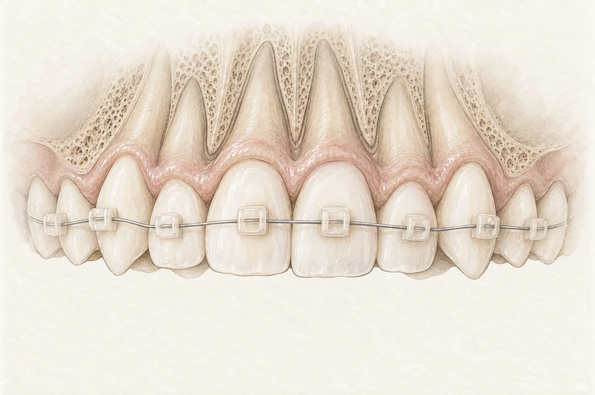 Illustration af overkæbens tænder set forfra med en fast bøjle: tandfarvede brackets på hver tand forbundet af en tynd tråd